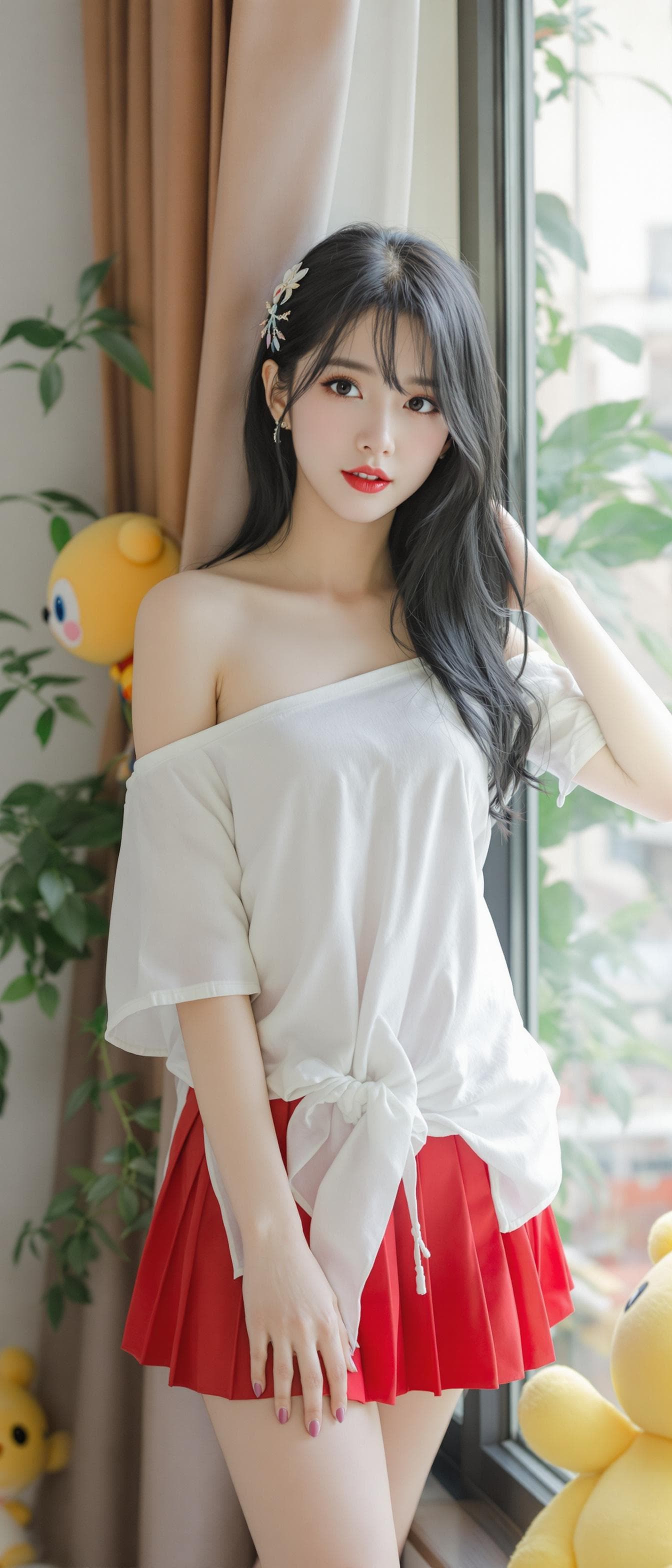 AI generated: a woman Koren girl, full body, Koren ulzzang face, standing near the window, the looking at viewer, ...