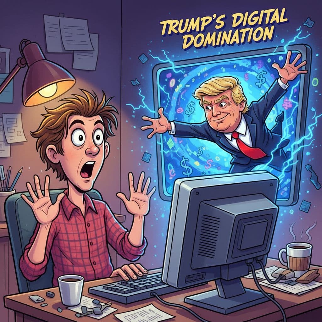 AI generated: "A digitized, cartoon-style illustration of a normal person sitting at a desk in front of a computer...