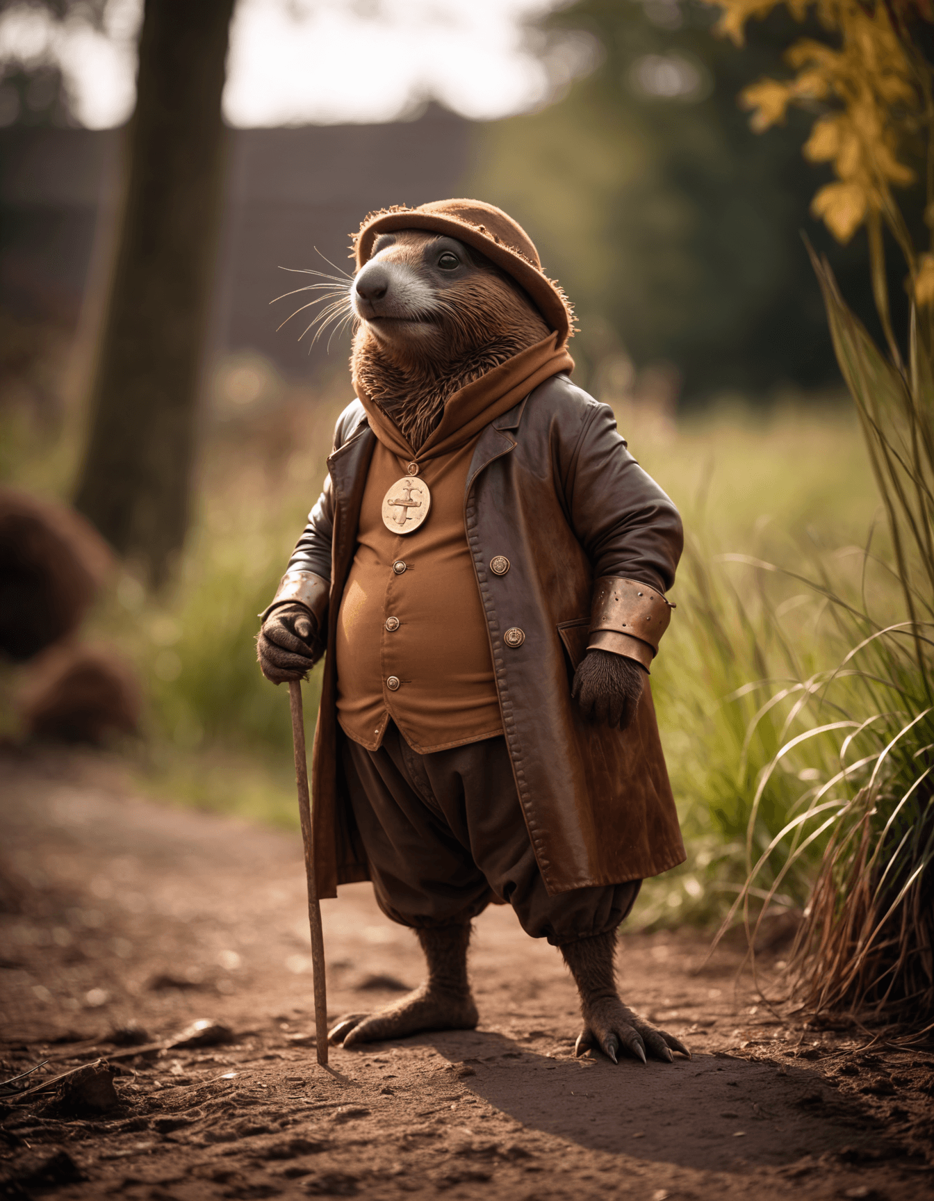 AI generated: cinematic film still awardwinning photo cute stocky snooty brown mole, rust, epic, wearing medivel r...