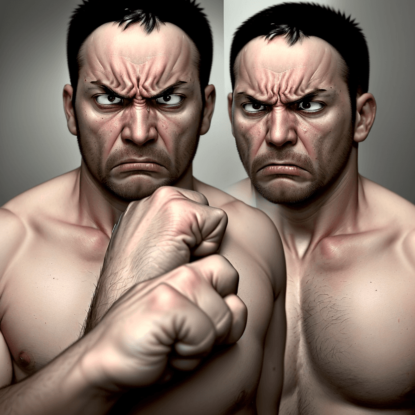 AI generated: The first image shows a visibly frustrated man, with an angry and aggressive expression. His face is...