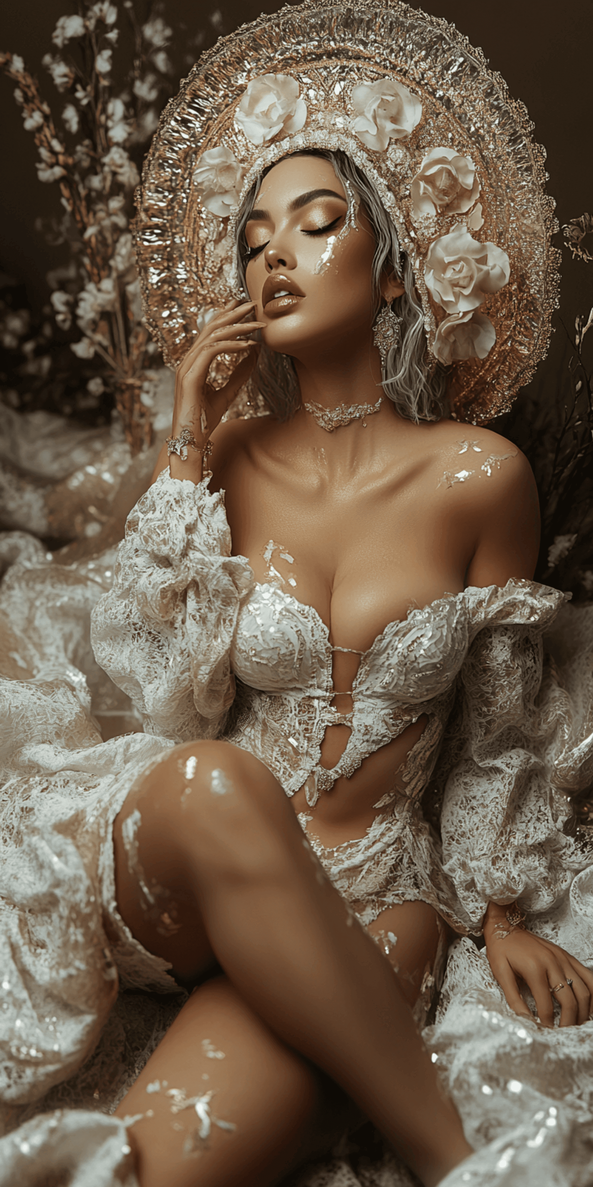 AI generated: A woman poses elegantly, adorned in a delicate lace outfit that showcases intricate details and an a...