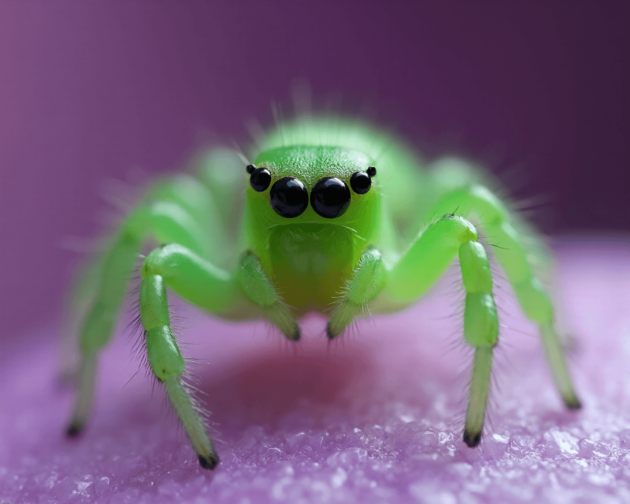 AI generated: a green ghost spider with big cute eight black spider eye on the purple table and look at camera, tr...