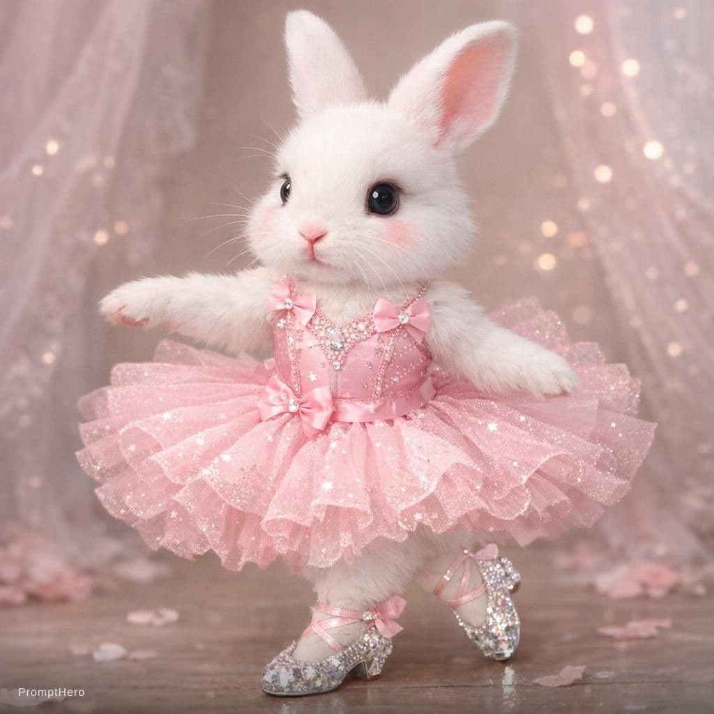 AI generated: A white rabbit with a pink dancing dress and crystal shoes