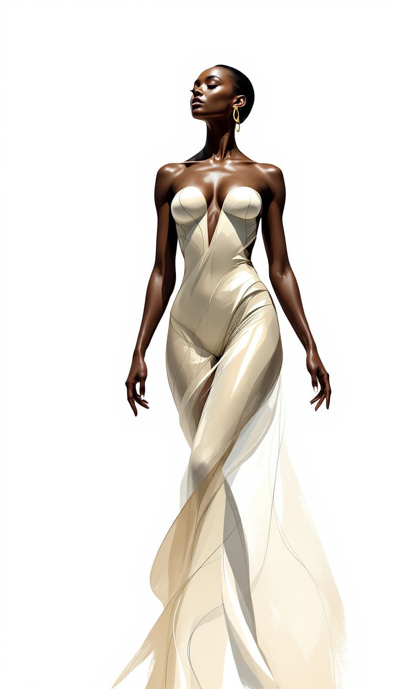 AI generated: "Radiant Presence in Minimalist Space": A compelling figure is presented against a clear, white back...