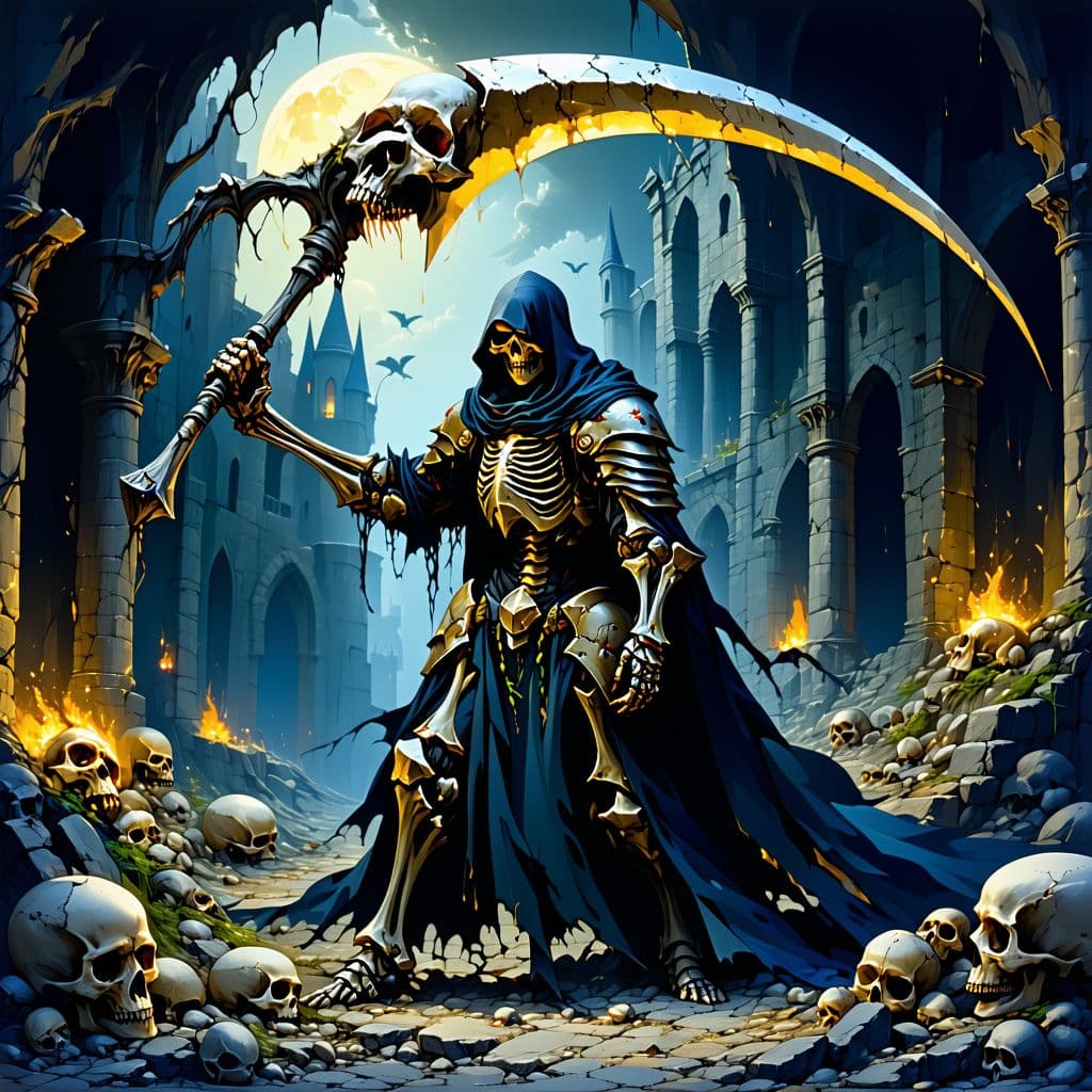 AI generated: Illustration of the grim reaper fighting in armor plates robes, swinging an extra large scythe made ...