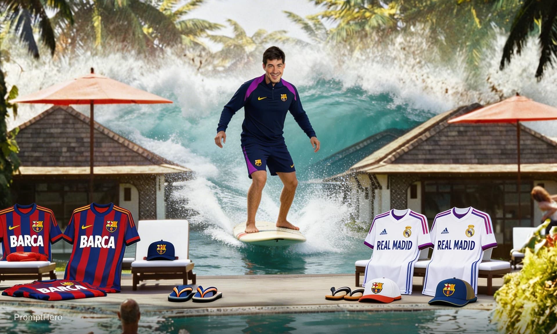 AI generated: Vull que a aquesta imatge posis molts pedidos de samarretes desport i xandalls de barça i madrid i l...