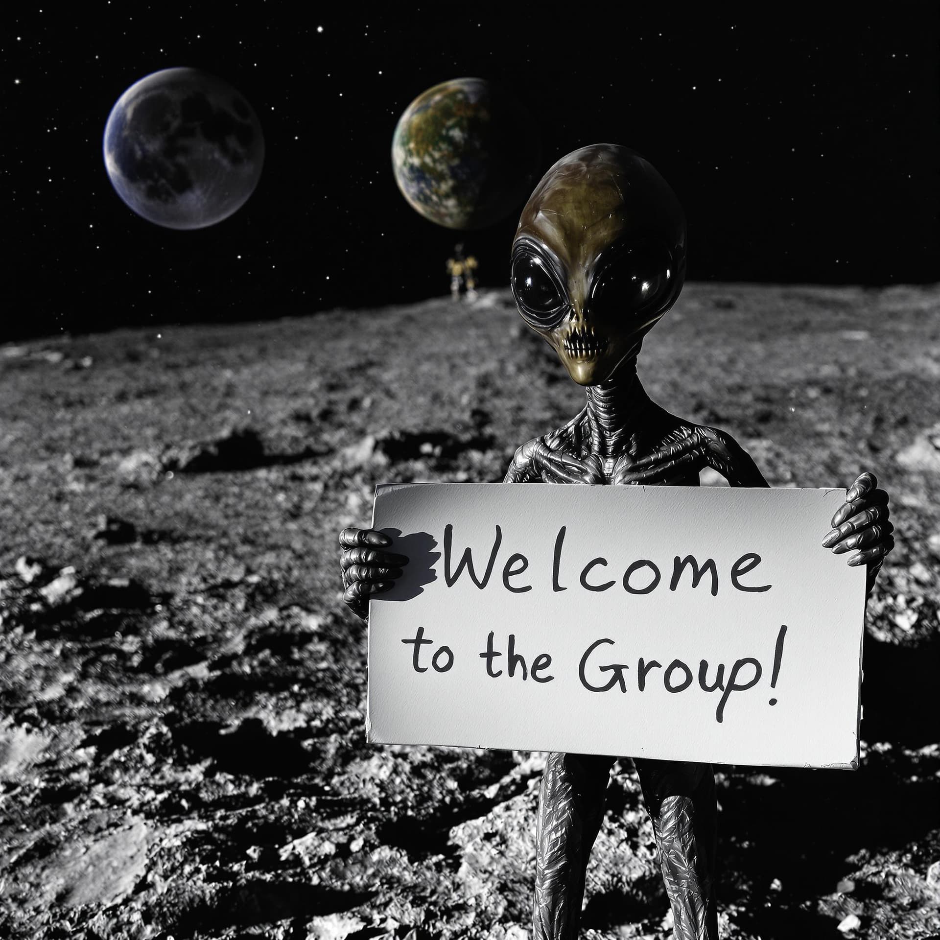 AI generated: Highly realistic Alien holding a sign saying " Welcome to the Group!" spelt correctly. He is standin...