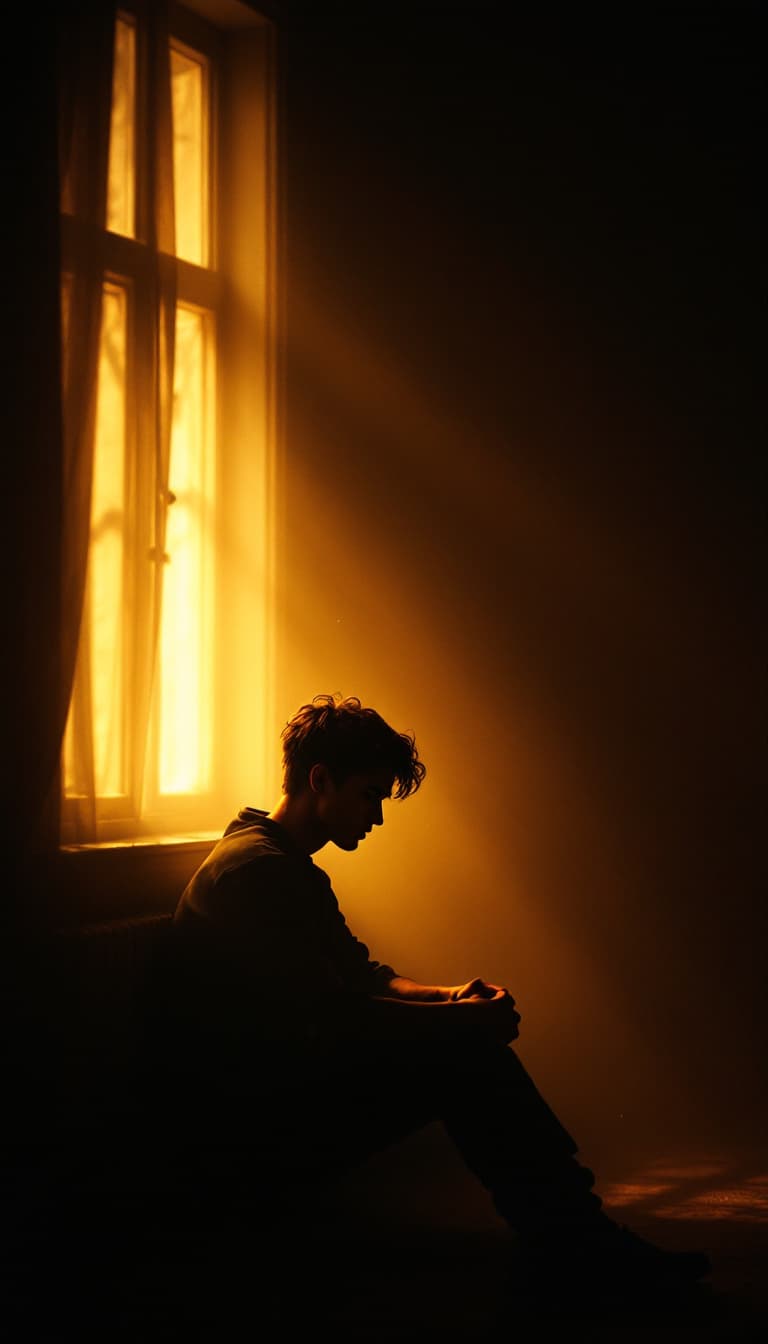 AI generated: (A dimly lit room, soft light streaming through the window, the main character sitting in deep conte...