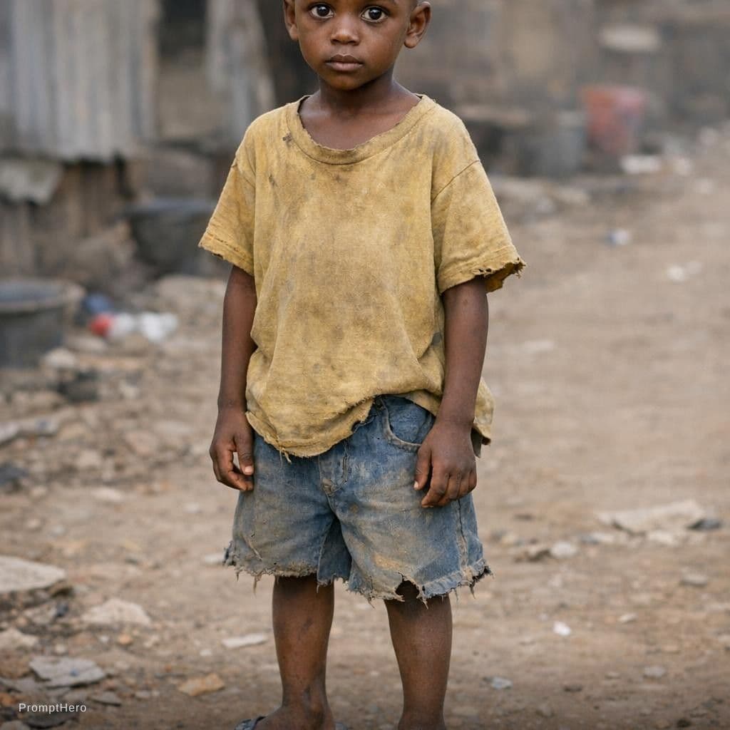 AI generated: Nigerian boy, age 8–10
Dark brown skin, slim body
Low fade haircut
Big emotional eyes
Worn-out slipp...
