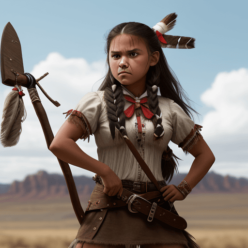 AI generated: american angry young native girl, with bow in her hand, tomahawk on her belt, 8k, wild west style, 