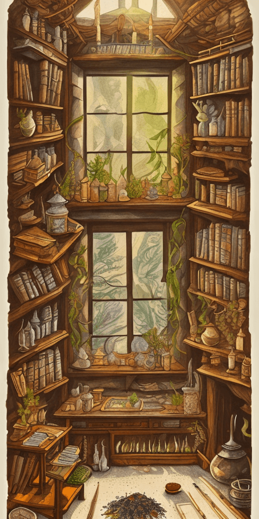AI generated: expressive gouache and ink illustration of a folklore herbalist healer house, interior view, study r...