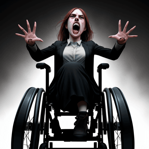 AI generated: young woman, aggressive, wheelchair, screaming, exorcism