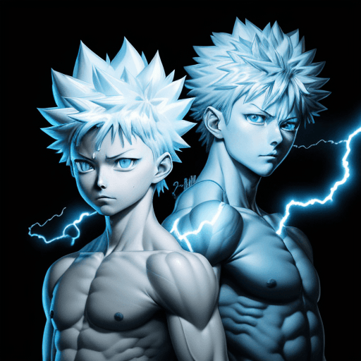 AI generated: an image of adult muscular killua zoldyck and blue lightning on black background, in the style of ki...