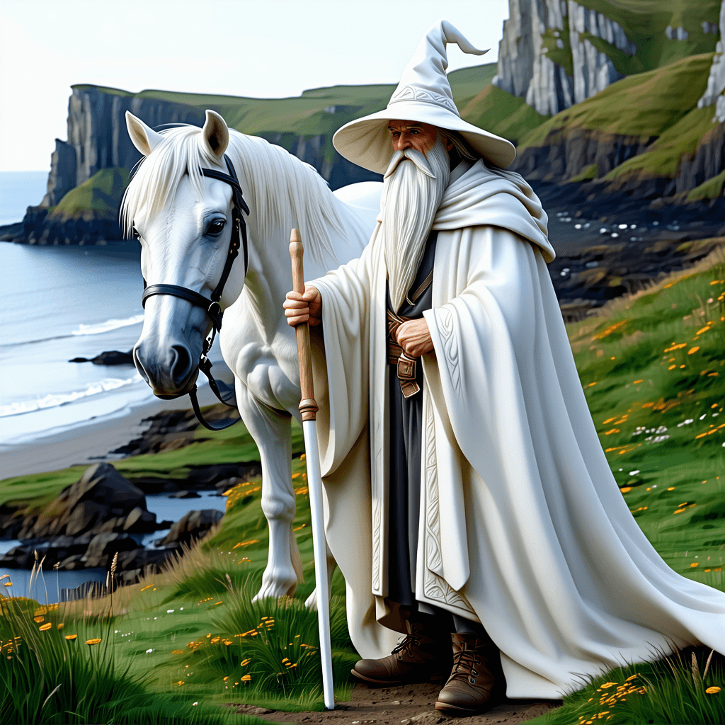 AI generated: ultra realistic, 35mm, image of a large 3D, The Lord of The Rings Gandalf, wearing his signature whi...