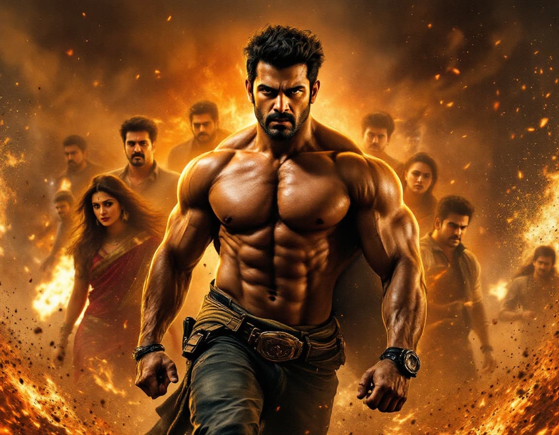 AI generated: Imagine a powerful Bollywood action scene with a muscular, athletic protagonist in the spotlight, su...