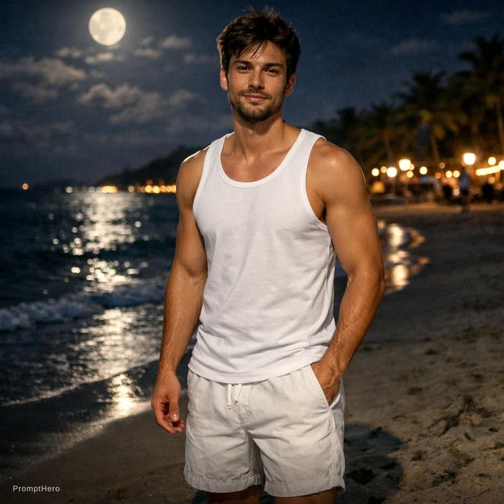 AI generated: wearing white sando and shorts on a beach at night time
