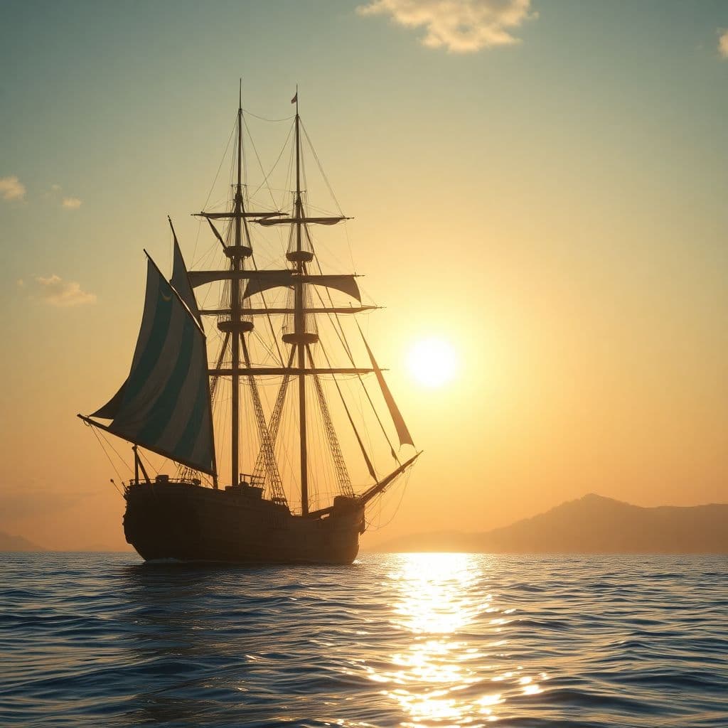 AI generated: Photo of a ultra realistic sailing ship, dramatic light, pale sunrise, cinematic lighting, battered,...