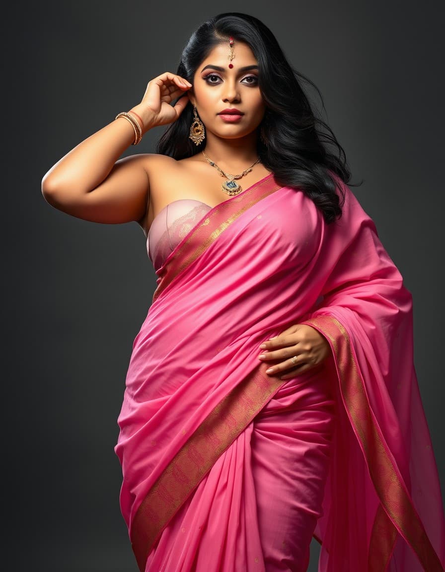 AI generated: a vloumperous hourglass body indian women in 2 peice pink sari no pallu that reveals her big plus pl...
