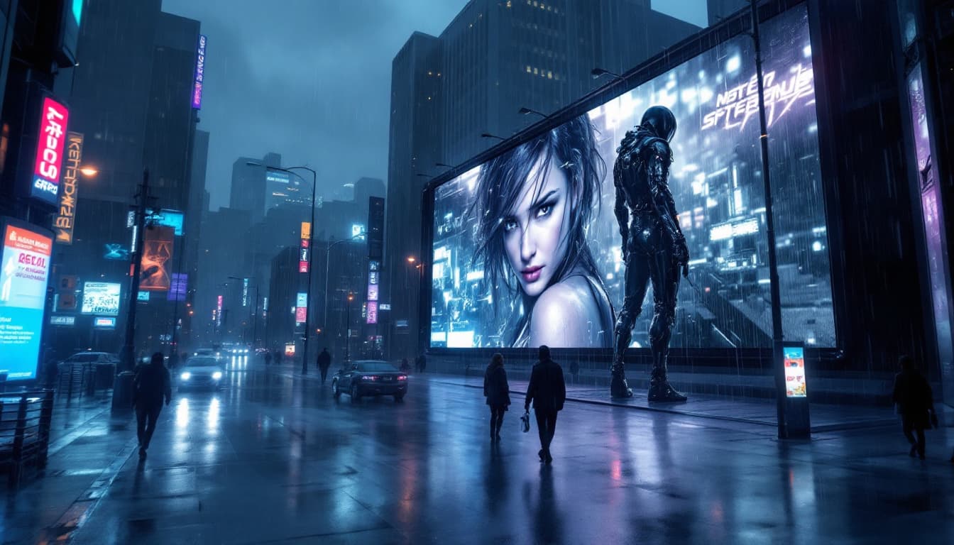AI generated: rainy gloomy city watch a video on a huge billboard in a futuristic city like Minneapolis Minnesota ...