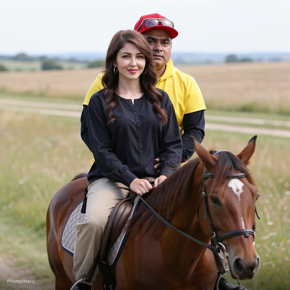 AI generated: horseback riding on same horse together while girl seat ahead and boy seat back in this outfit shown...