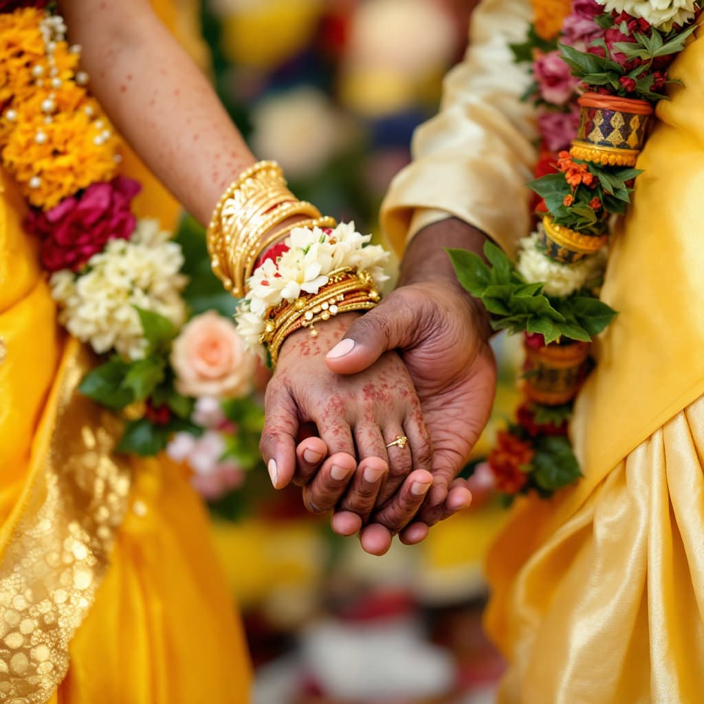 AI generated: Closeup image of Kerala couple holding hands on their wedding function. Girls hands without mehandi,...
