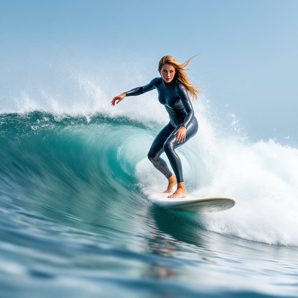 AI generated:  female,The image features a woman riding a wave on a surfboard. She is skillfully navigating the wa...