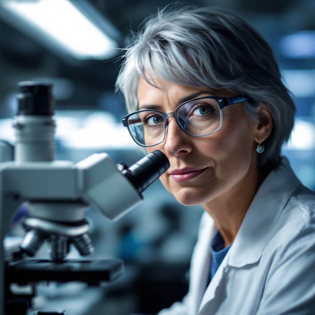 AI generated: A close-up portrait of a middle-aged female scientist in her lab. She has short grey hair, rectangul...