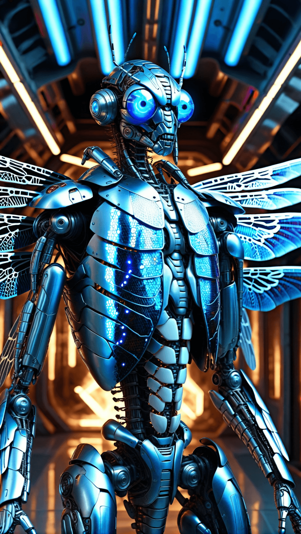 AI generated: Ultra-detailed cyborg in a spaceship (blue eyes), with anthropomorphic cybernetic elements on metal ...