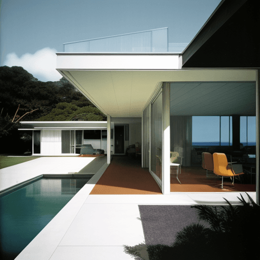 AI generated: Hyper realistic eye level exterior photo of a mid century modern style house overlooking the ocean, ...