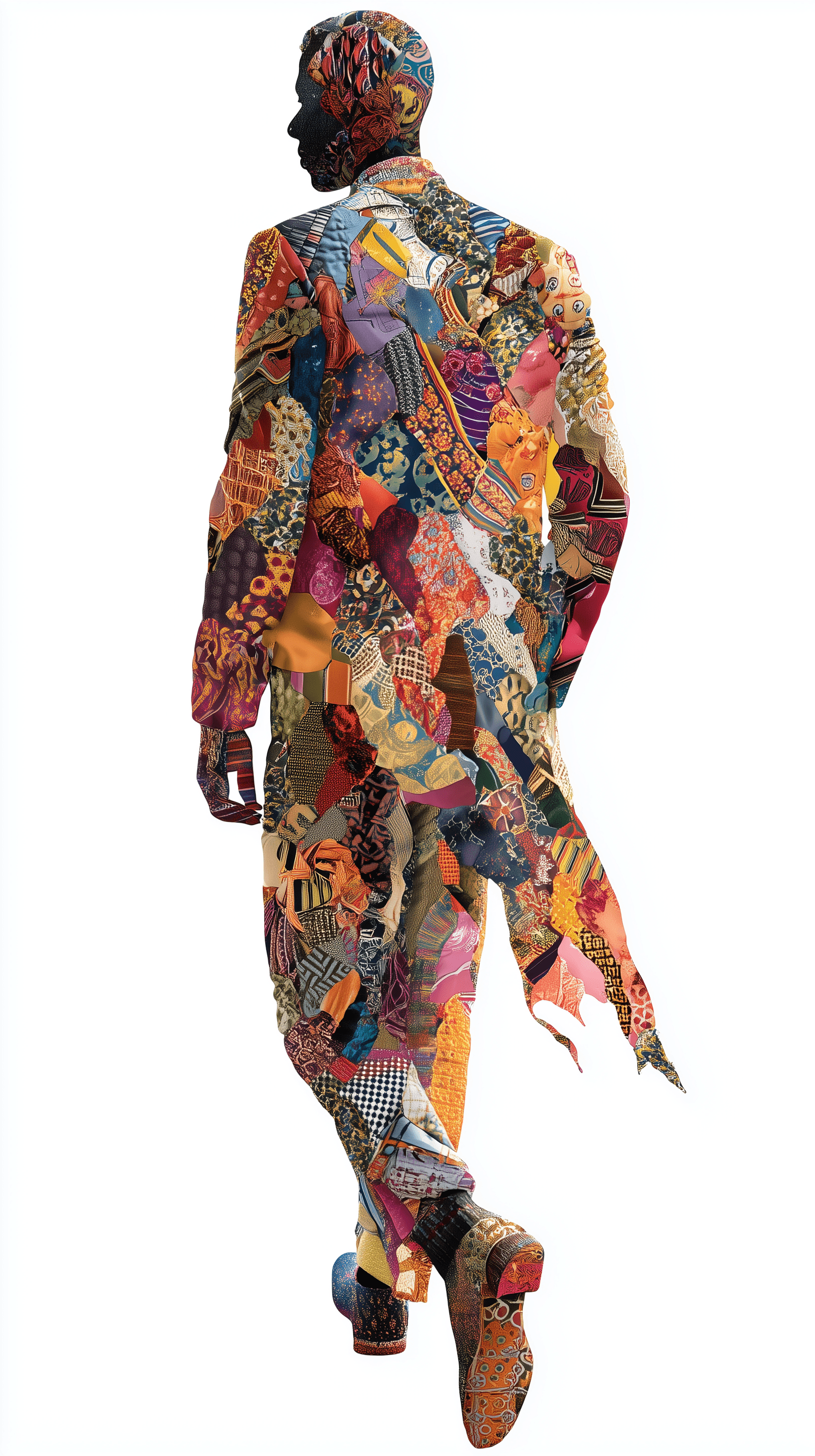 AI generated: human silhouette made of colorful materials and patterns of a variety of fabrics, white backdrop, re...