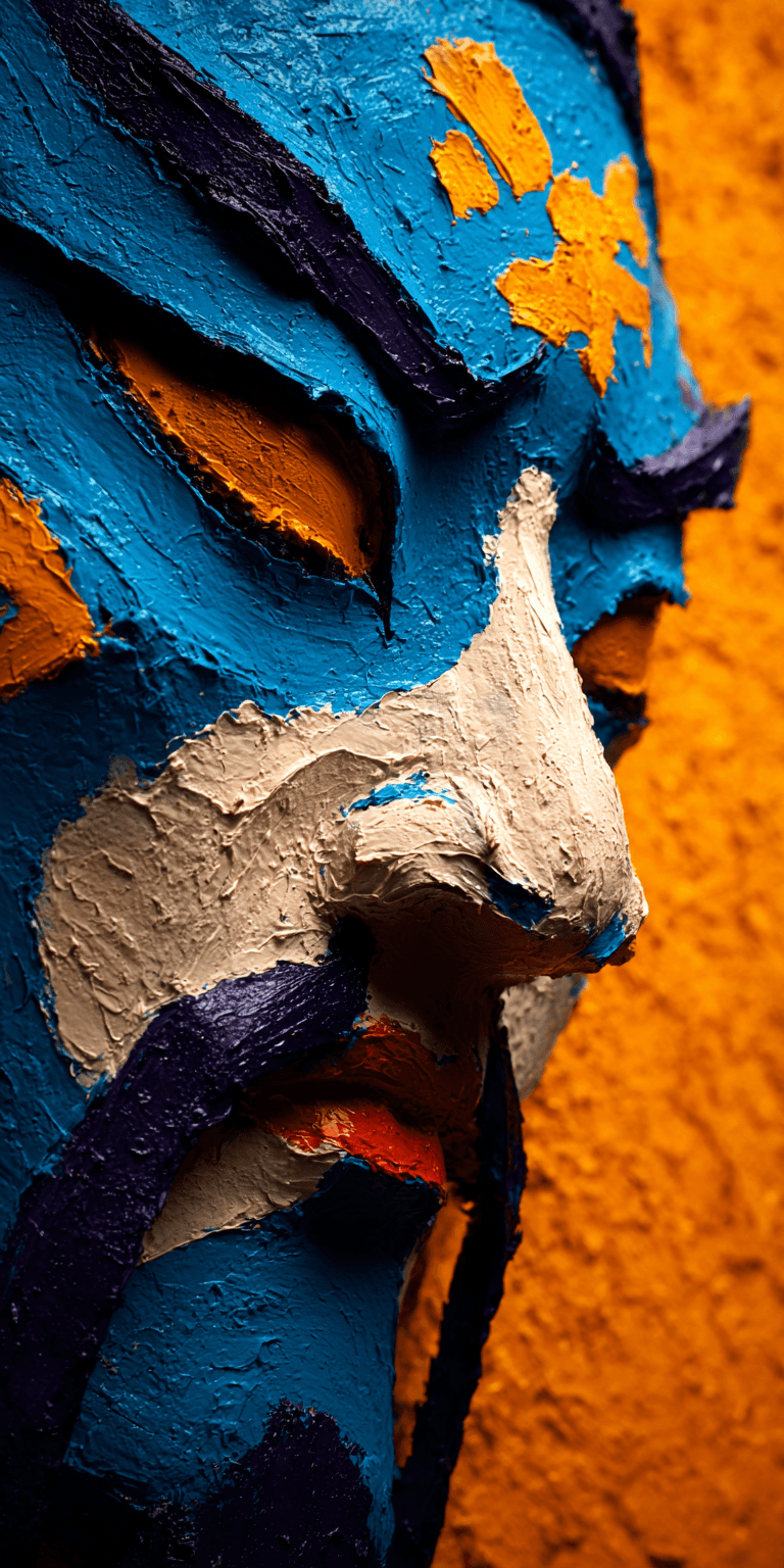 AI generated: Close-up, palette knife portrait of a Peking Opera mask character face, heavy impasto, blue and whit...