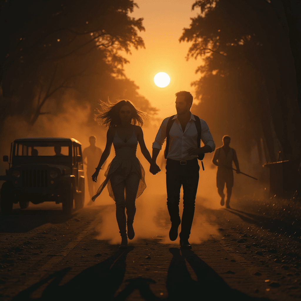 AI generated: "cinematic romantic scene, silhouette of a couple holding hands and running at towards camera dirt r...