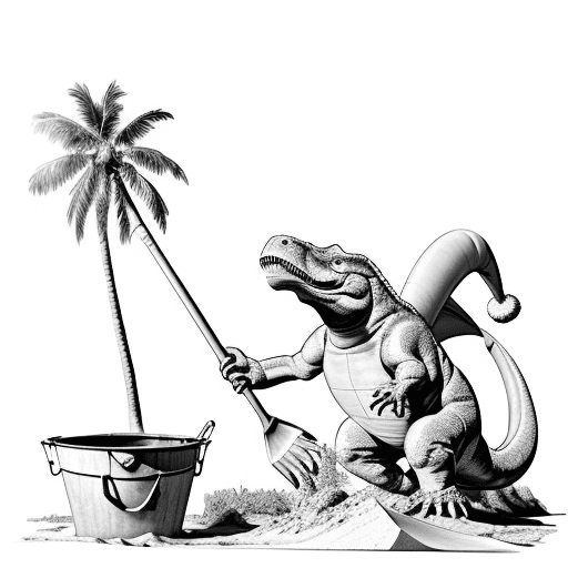 AI generated: line drawing of t-rex dinosaur wearing santa hat playing on a tropical beach with a bucket and shove...