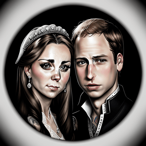 AI generated: Prince William and Kate portrait, ink, realistic tattoo style, close up, fish-eye lens, 