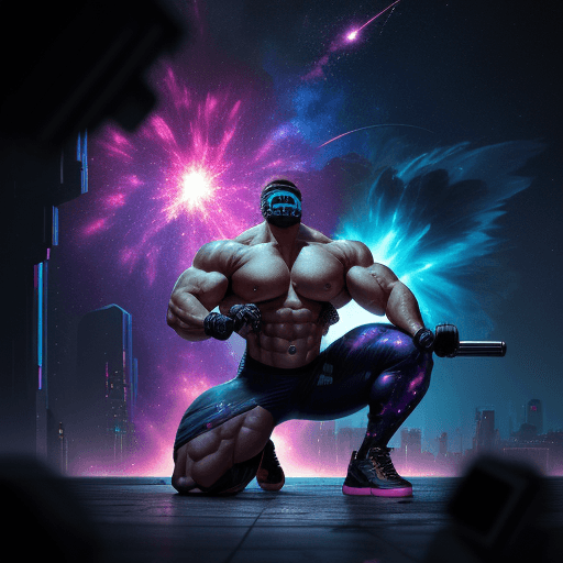 AI generated: an cyberpunk landscape of a bodybuilder doing biceps curl, depicted as an explosion of a nebula