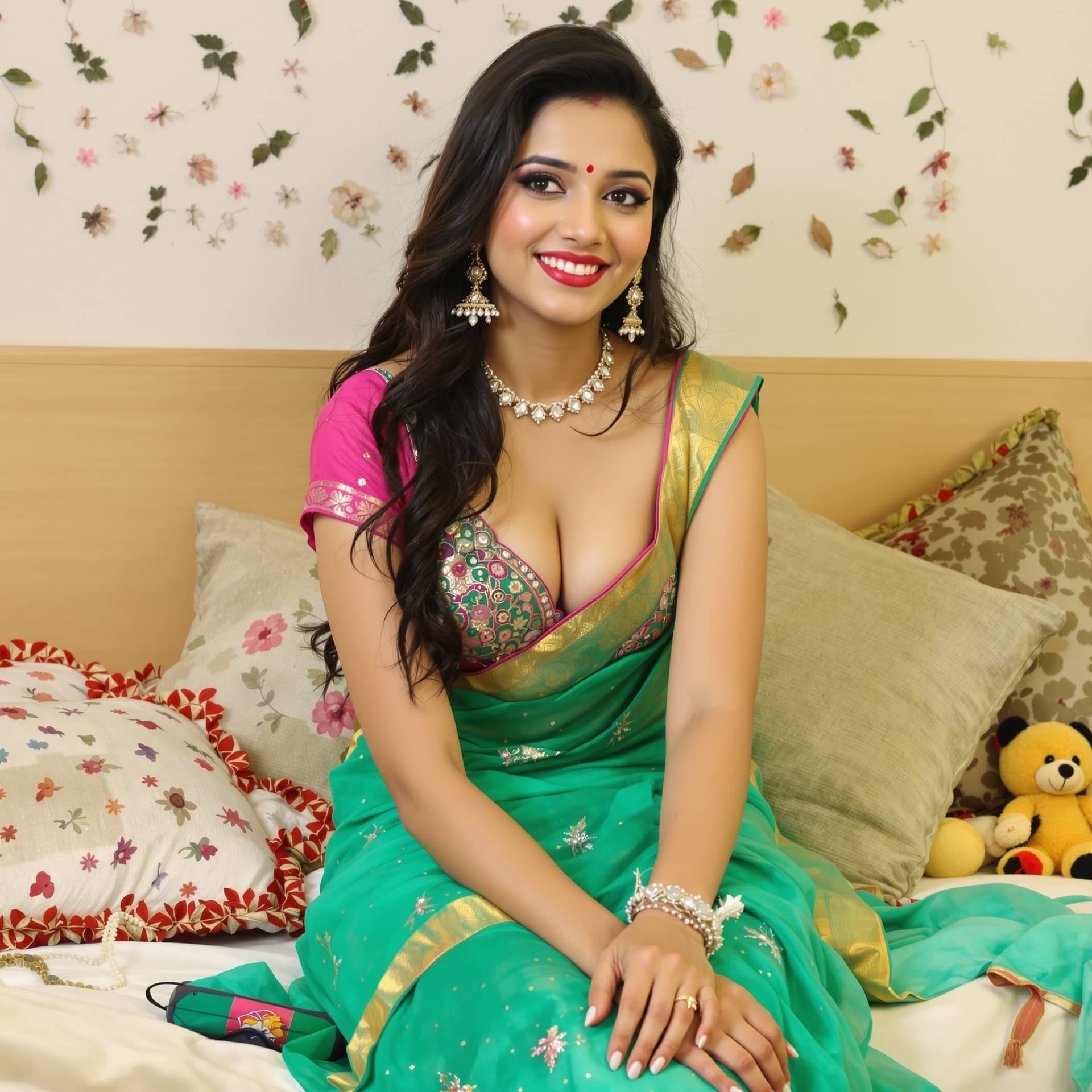 AI generated: hot glamour young indian aunty wearing only blouse without saree Only bra seating the bed 