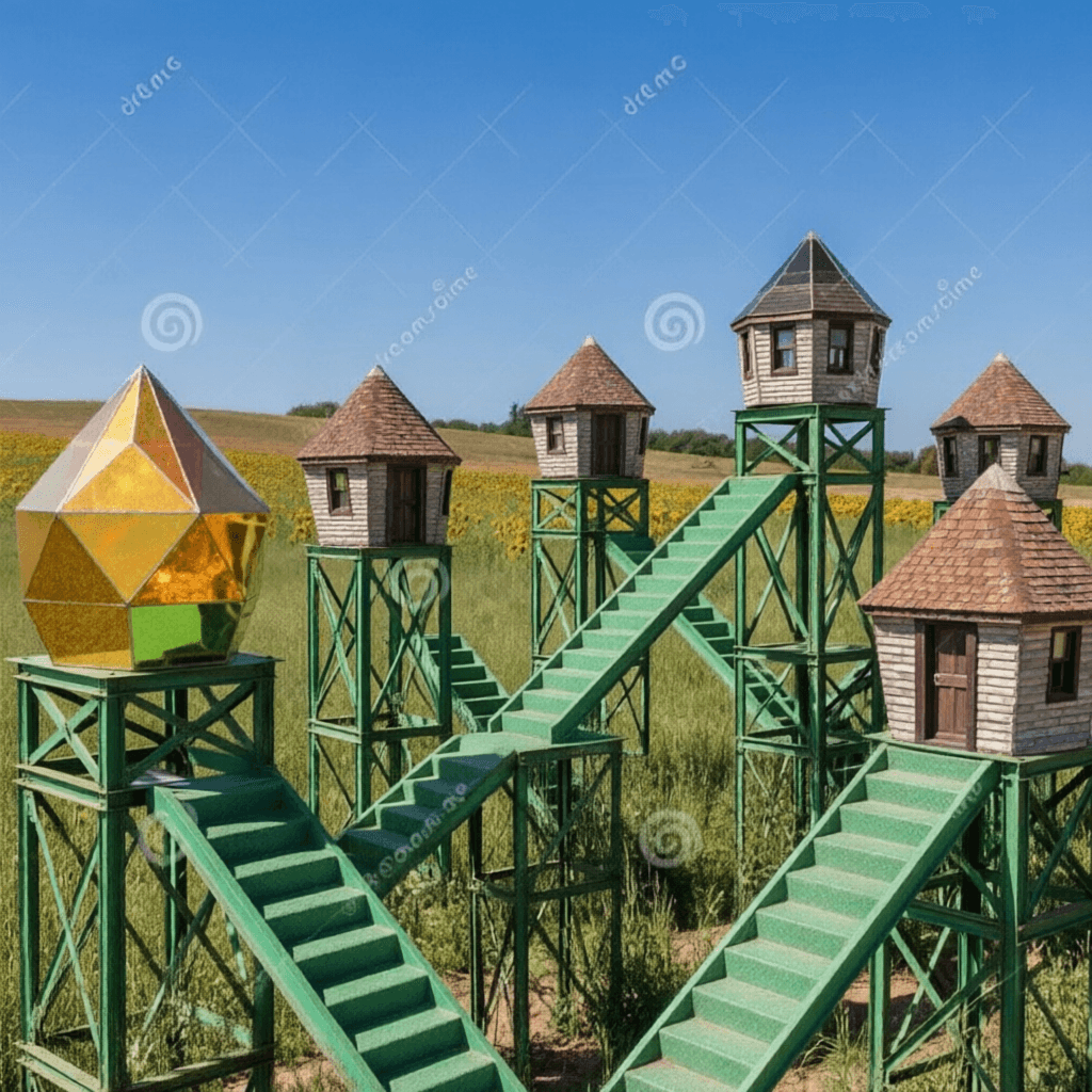 AI generated: Make the prisms of the first photo look like the homes of the second photo. Don' t change their shap...