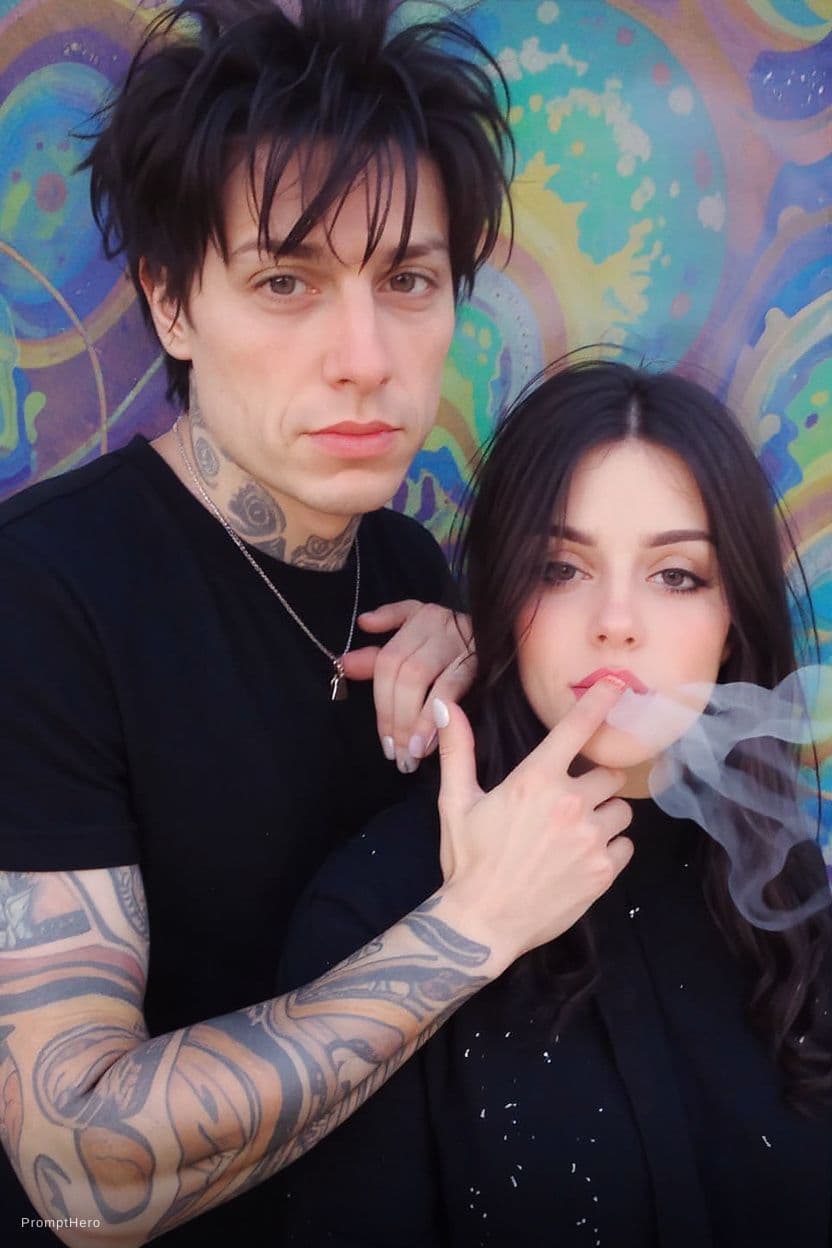 AI generated: create a gorgeously mysterious and cool couple, the guy has black hair, edgy look/ punk and a confid...