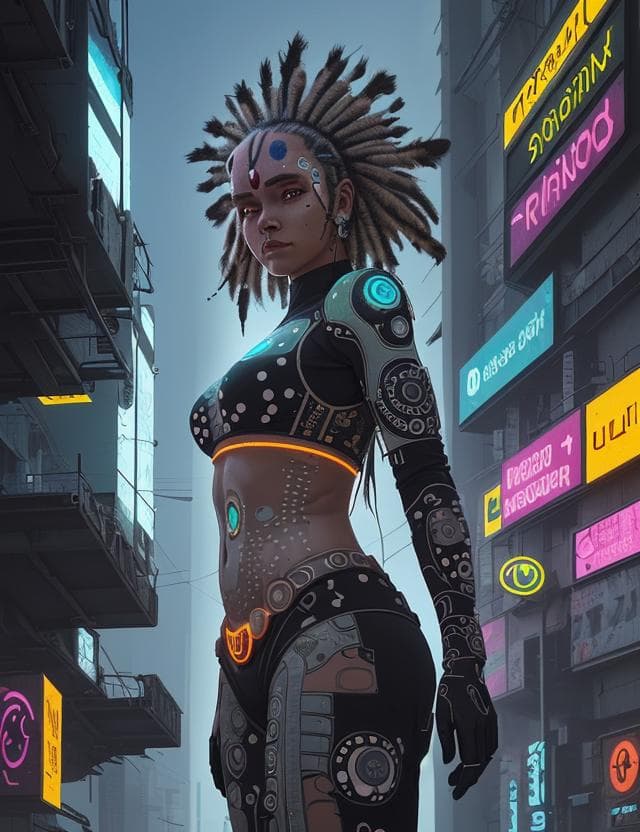 AI generated: DEwoman, Aboriginal Dot Painting, Solarpunk, Content, Reprojection Techniques, AnvilNext engine, Cyb...