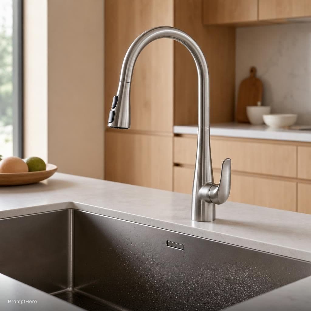 AI generated: A photorealistic Japanese minimalist kitchen scene featuring a pull-out spray kitchen faucet install...