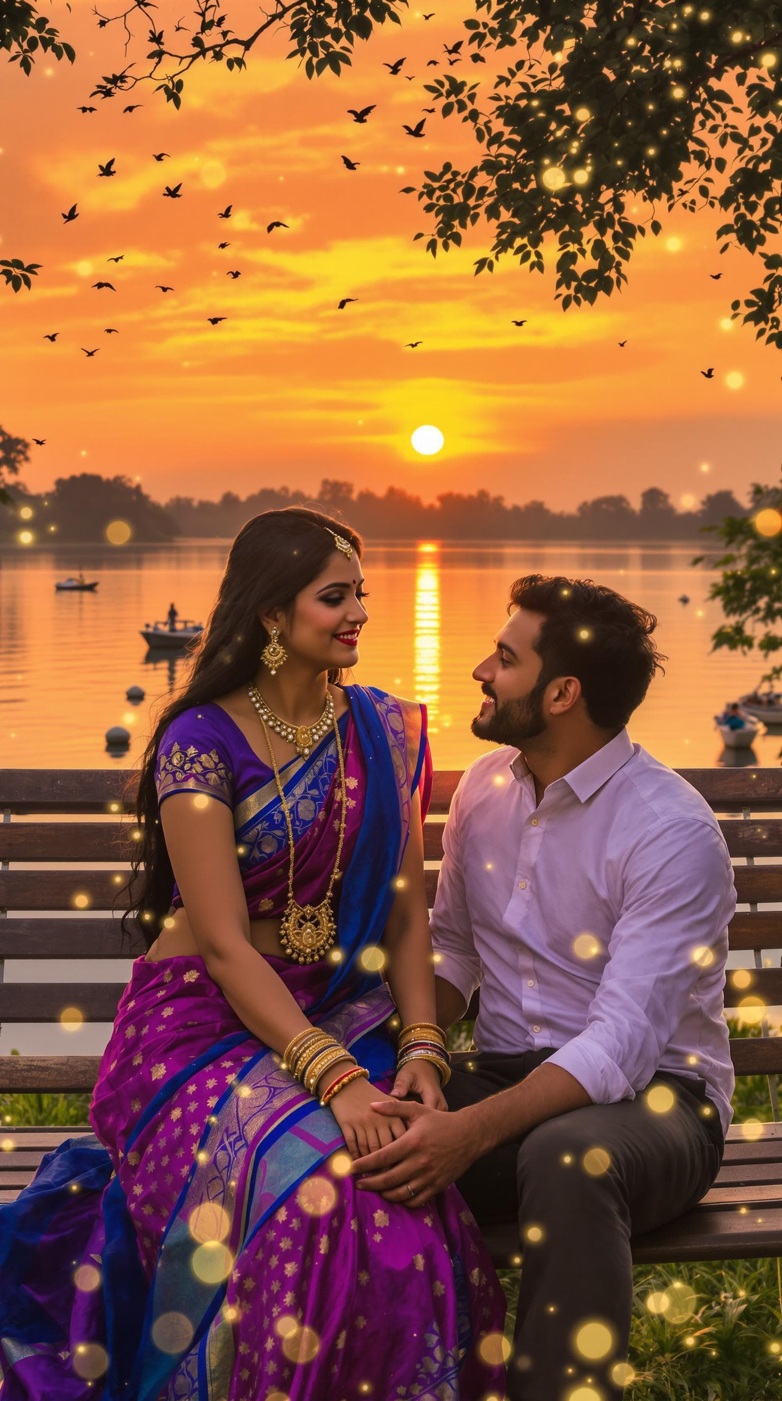 AI generated: Create a highly realistic photograph of a couple sitting on a wooden bench by a calm lake at sunset....