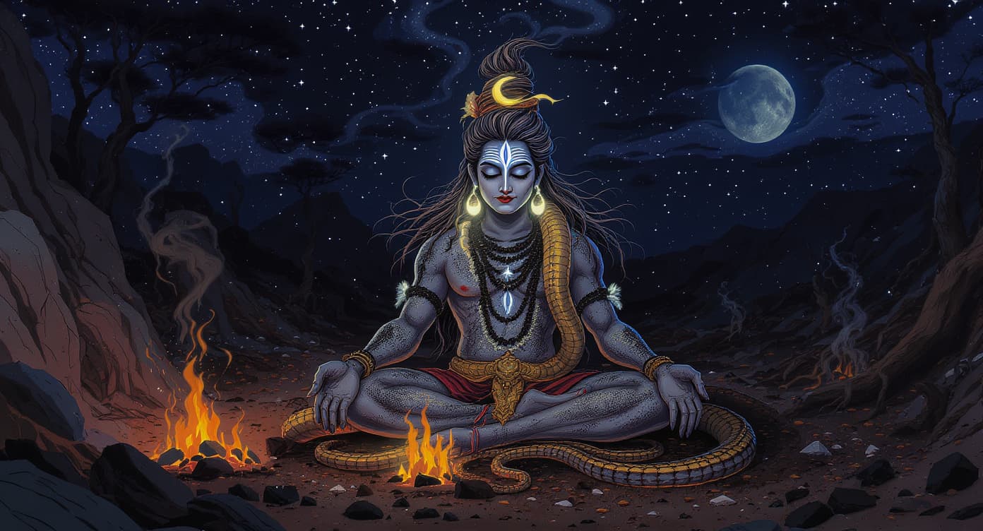 AI generated: Lord Shiva with LARGE COBRA SNAKE (Vasuki) coiled around his neck with hood expanded, THREE HORIZONT...