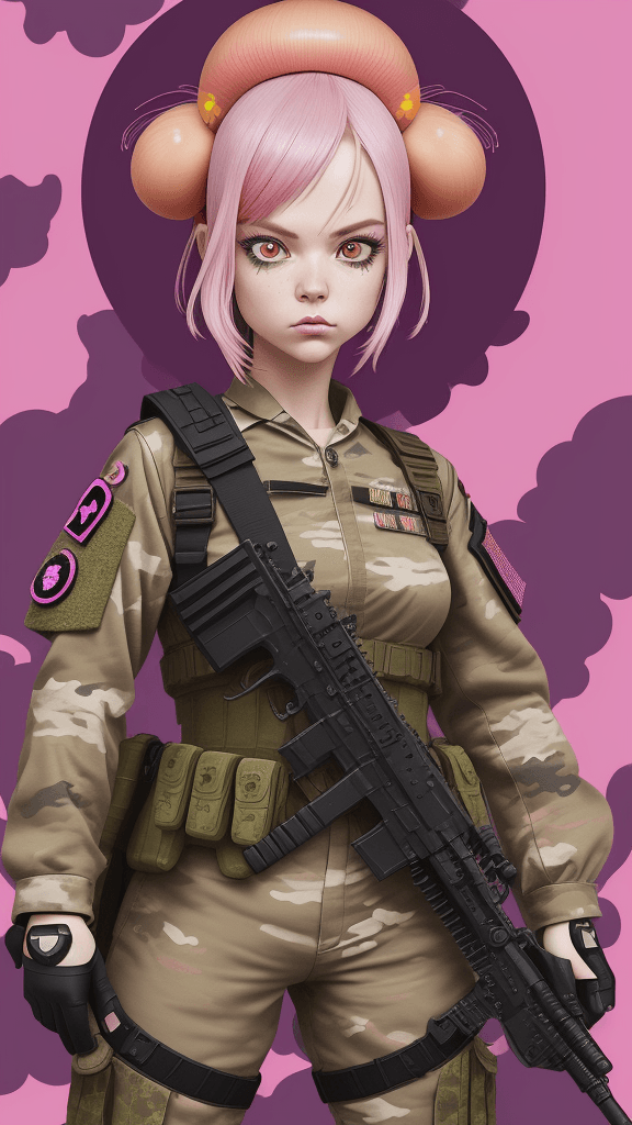 AI generated: in a funky army background portrait of little mushroom woman, pink hair, wearing army attire, holdin...