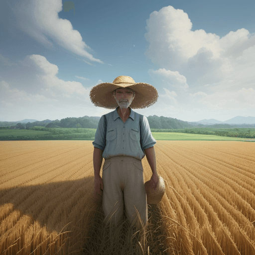AI generated: Wheat field, a farmer uncle with a straw hat standing in a wheat field, big clouds, blue sky, rice f...