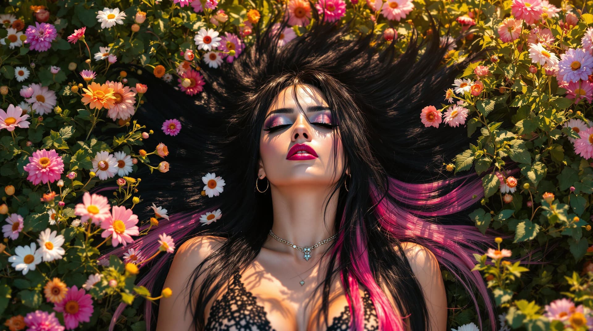 AI generated: A punk rock woman with extremely long jet black hair and a long pink streak lying face up in A vibra...