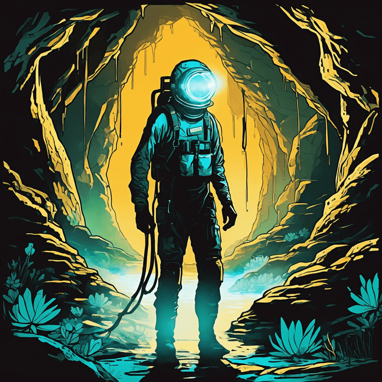 AI generated: A subterranean explorer, aged 35, clad in advanced underground exploration gear, stands within a col...