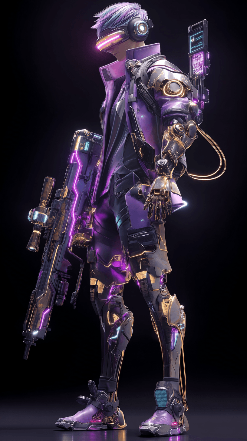 AI generated: 
A rebellious Cyberpunk street racer, wearing a [purple and chrome jumpsuit with holographic accent...