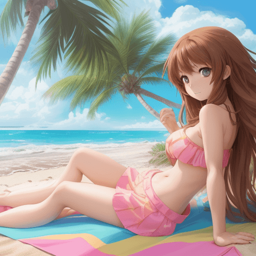 AI generated: A cute anime girl at the beach, colorful beach outfit, lying on a beach towel, riptide, ocean, sand,...