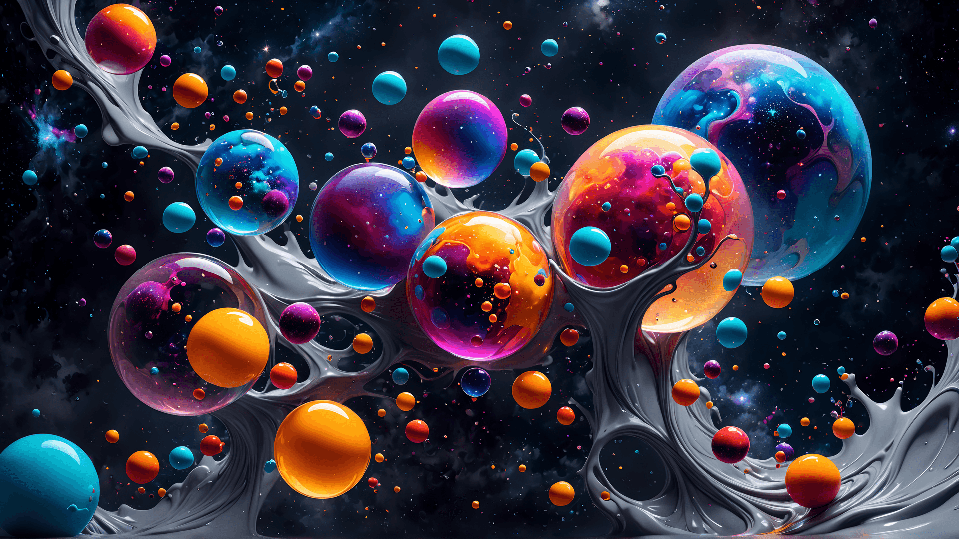 AI generated: bubbles with stars and nebula behind splattered liquid paint in (lightgray:1.2) colors. Fluid and Po...