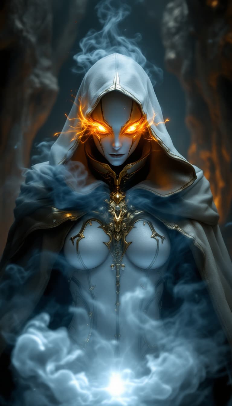 AI generated: Dark fantasy, shadow knights, (( white and gold plug suit, black smoke in plug suit)), (burning eyes...